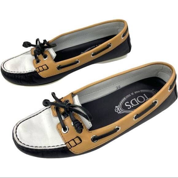 TOD'S Color block Leather Lace & Bow Driving Shoes Topsiders Moccasins Size 36 - Picture 4 of 16